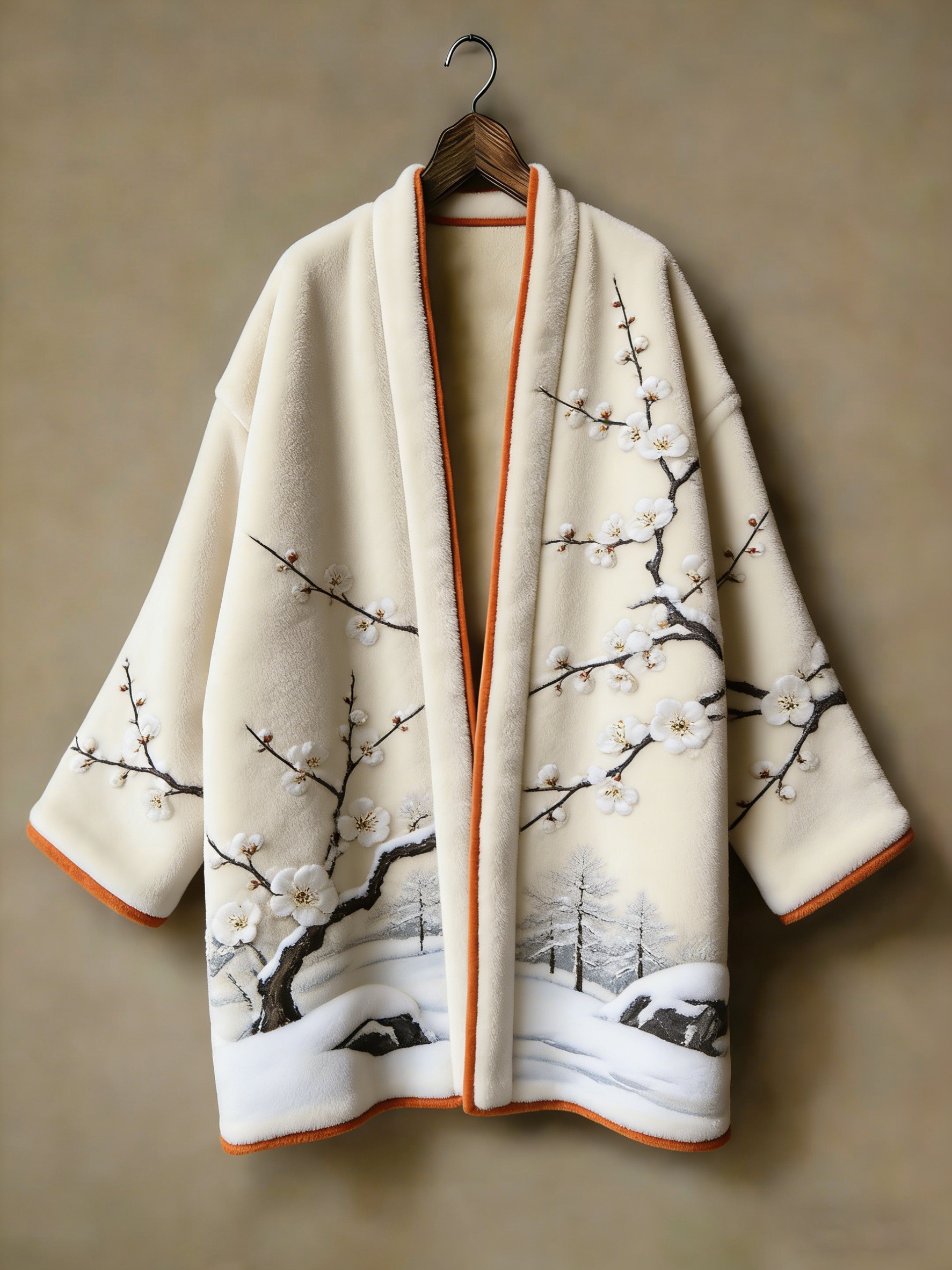 Oriental aesthetic printed flannel embroidered medium and long kimono cardigan