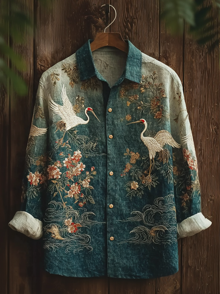 Japanese Art Retro Style Plant Flower & Crane Pattern Men's Cotton & Linen Shirt