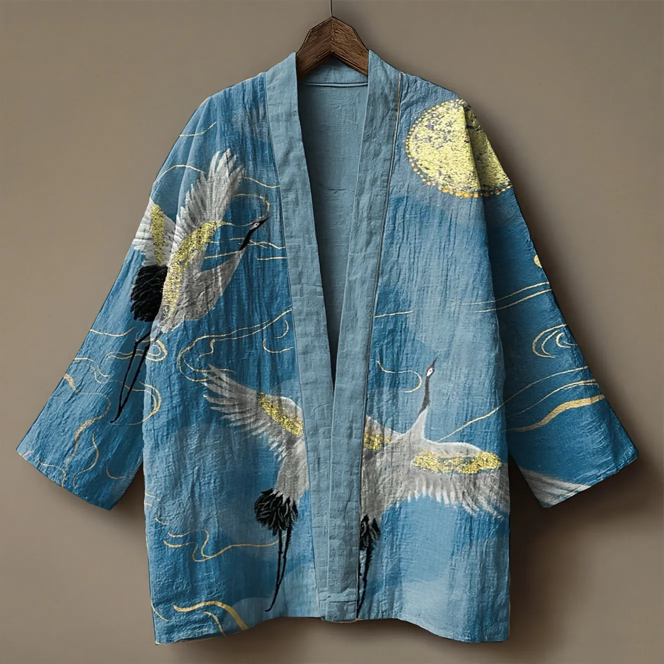 Japanese Cranes& Sea Waves Embroidered Linen Kimono Cardigan