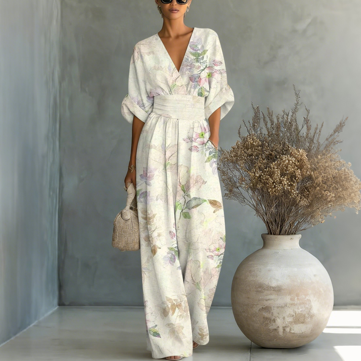 Watercolor Floral-Print Waisted Jumpsuit