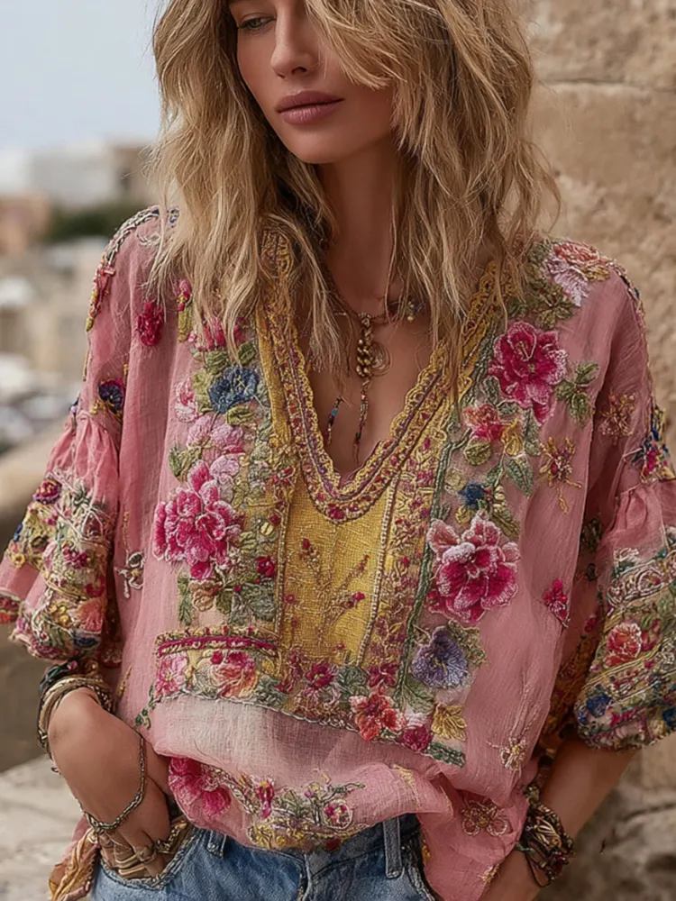 Women's Vintage Bohemian Floral Embroidery Art V-neck T-shirt