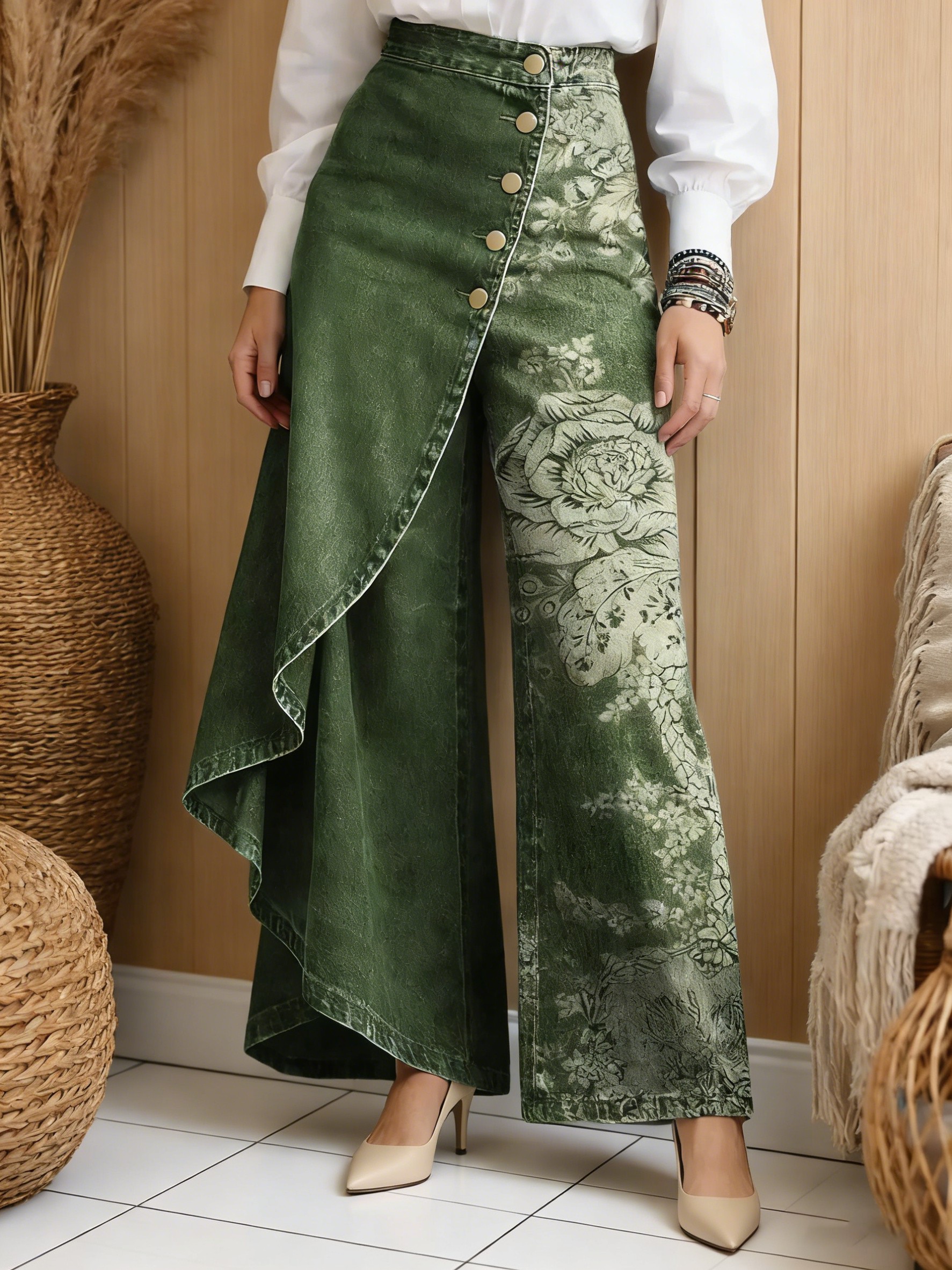 Art Print Casual Washed Denim Cotton Pants