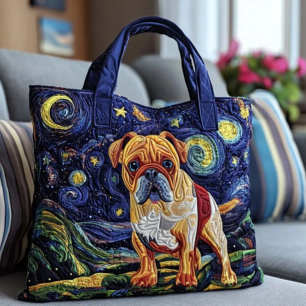 Starry Night Dog Quilted Tote Bag