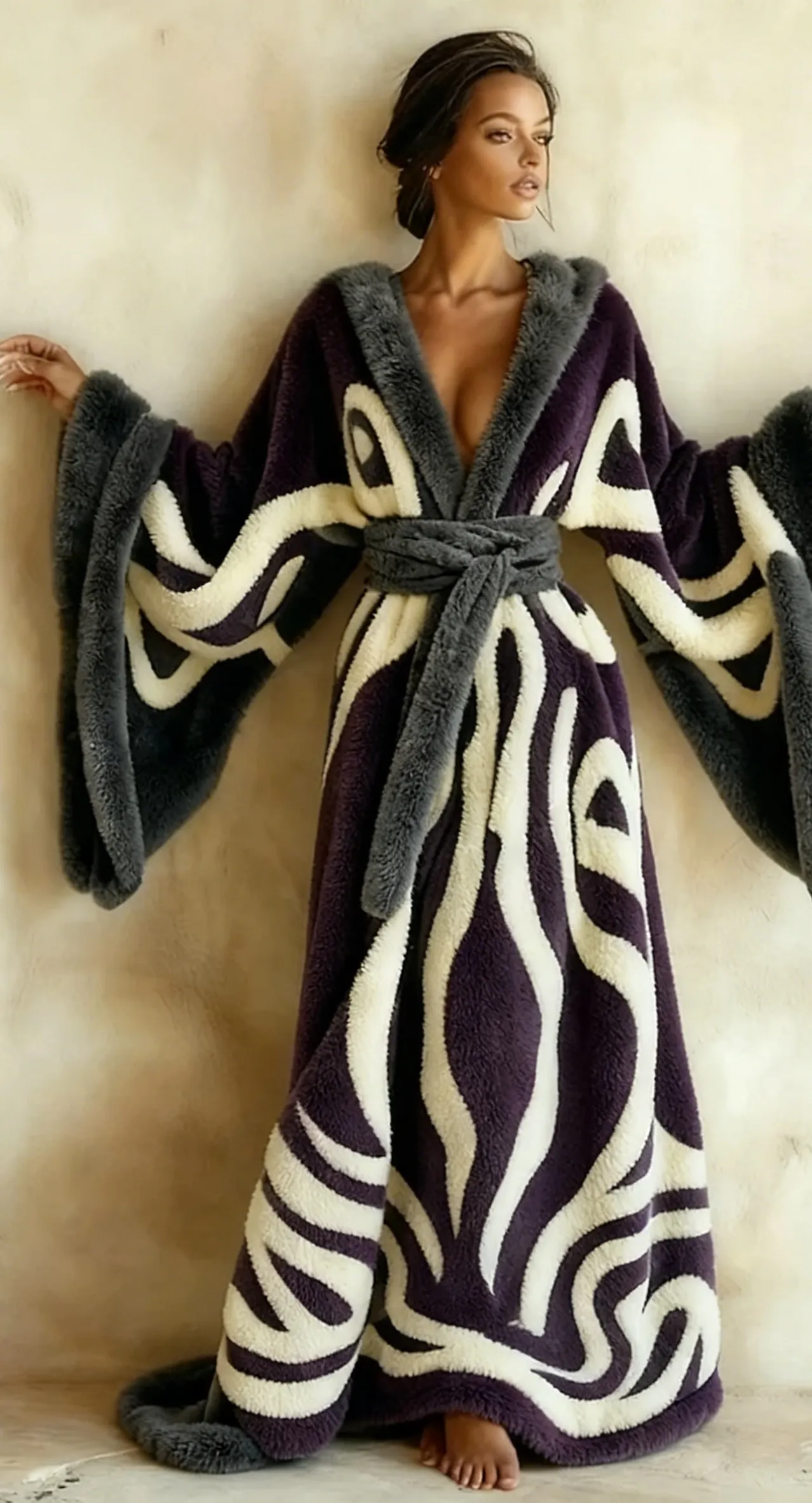 Abstract  Art Print Kimono Long Gown Autumn and Winter Robe With Belt