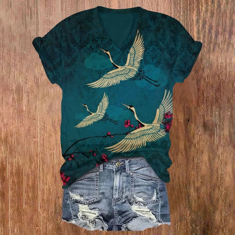 Japanese Style Crane Art Print V-neck T-shirt