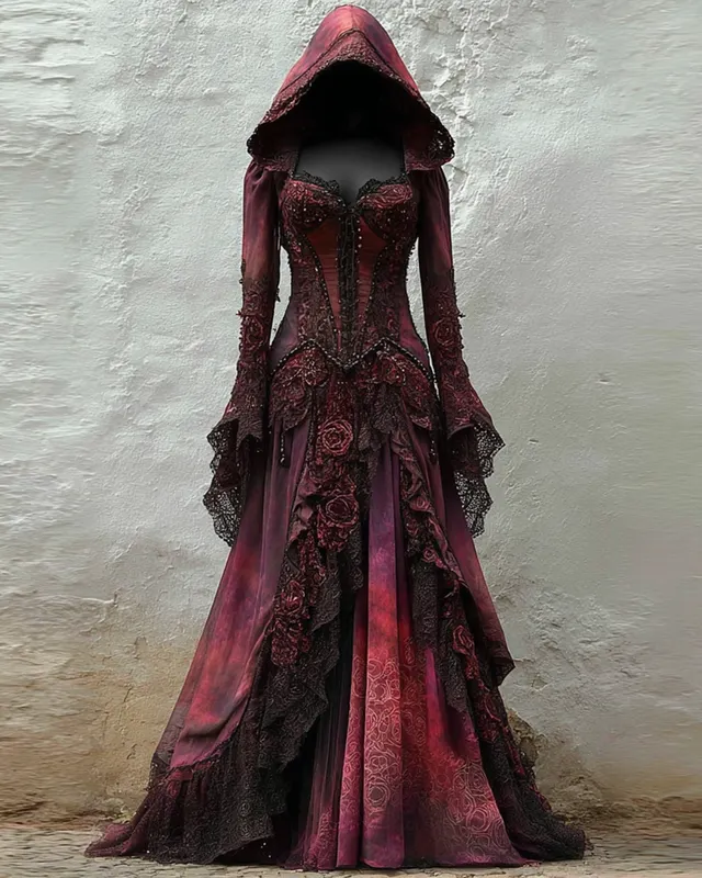Bohemian style Gradient Lace Embroidered Hooded Evening Dress f9fa