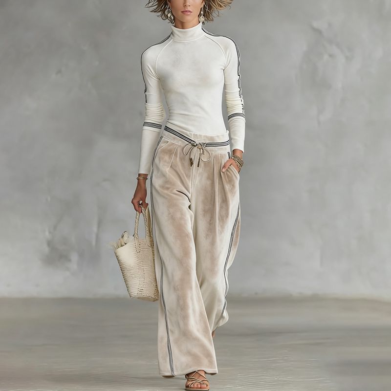 Women’s Velour Sports Co-Ord Set — Half-High-Neck Long Sleeve Top & Drawstring Wide-Leg Pants