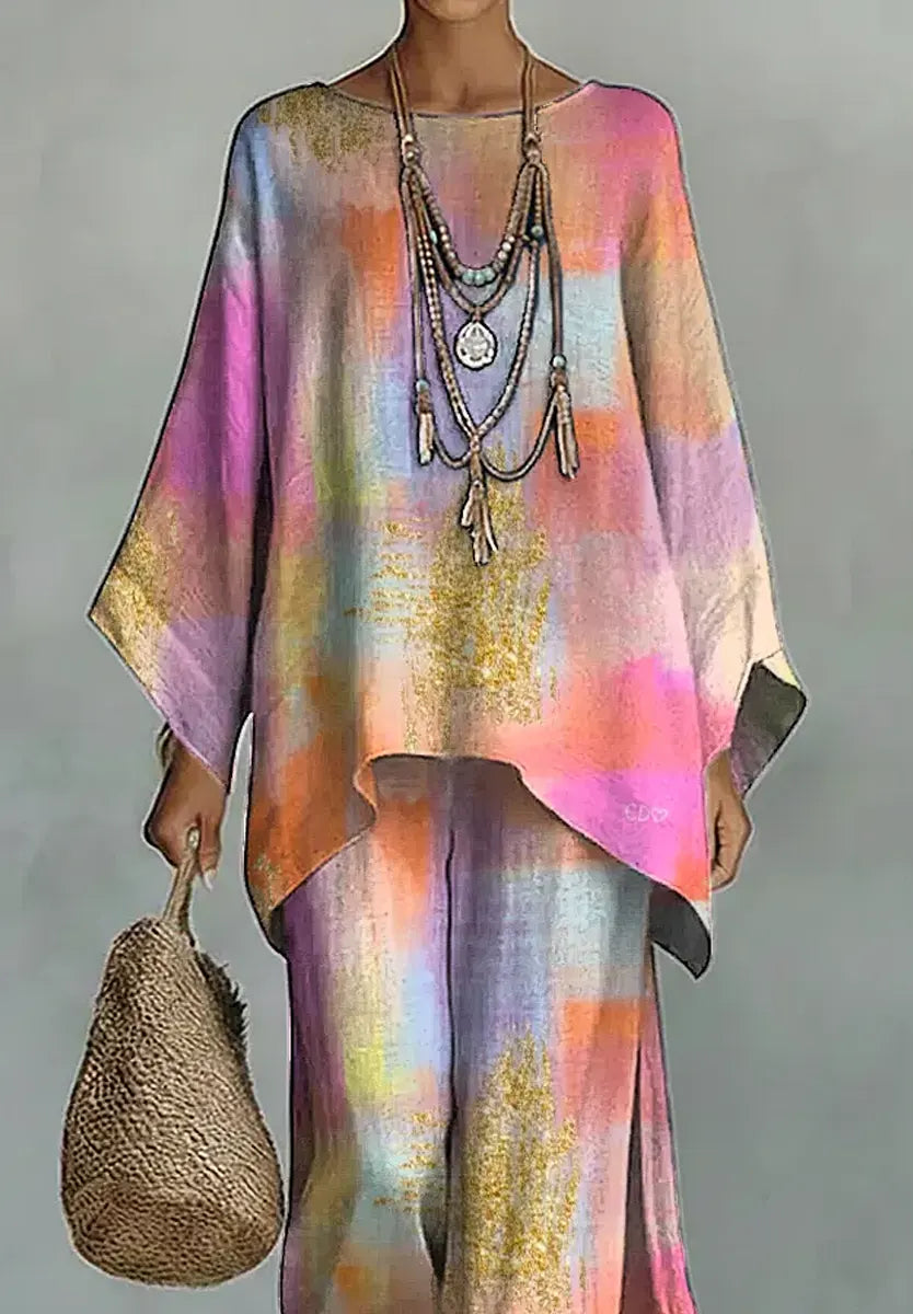 Gradient Pattern Art Print Casual Cotton Linen Set