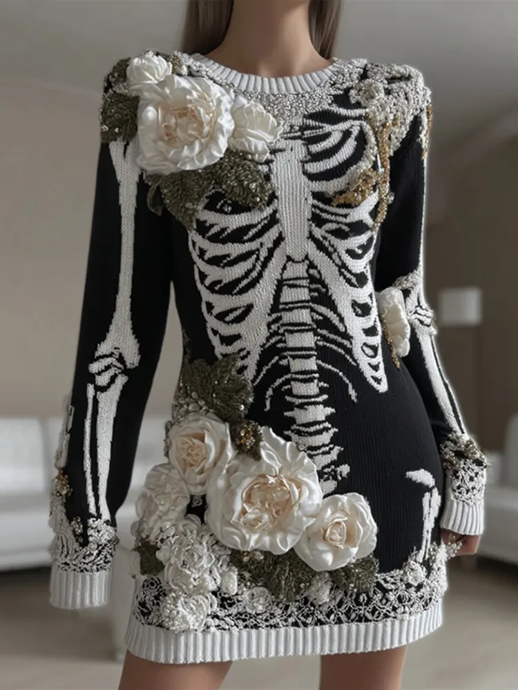 Women's Halloween Skeleton Bones With Rose Art Cozy Knit Sweater Dress