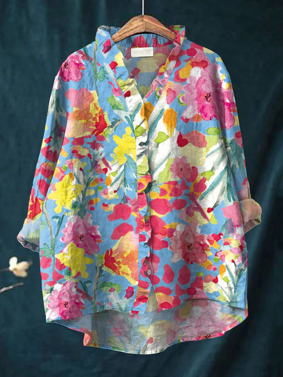 Vintage Flowers Art Print Casual Cotton & Linen Ruffle Shirt