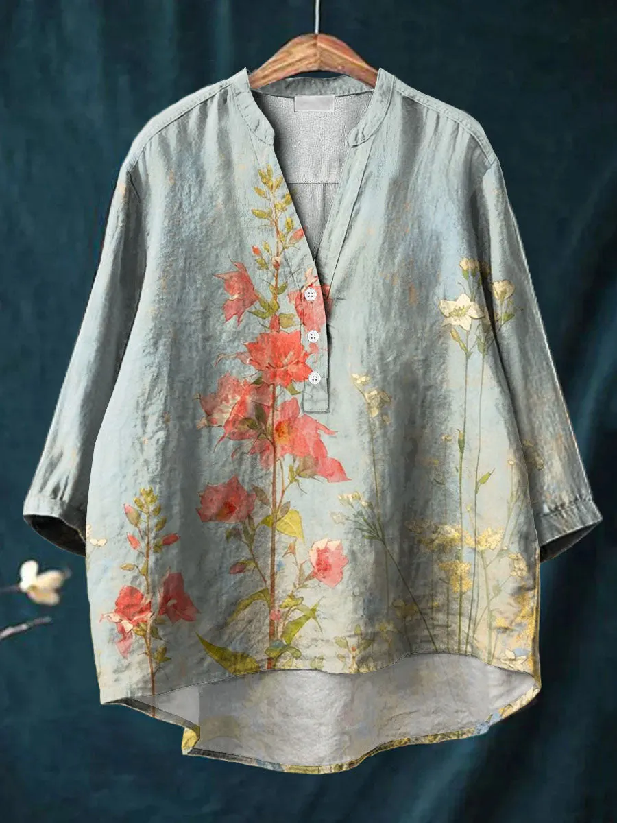 Art Vintage Oil Painting Flower Print Casual Cotton & Linen Ruffle Shirt