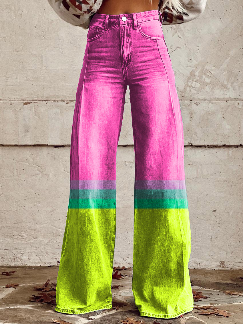Retro Abstract Art Print Colorblock Wide-Leg Pants