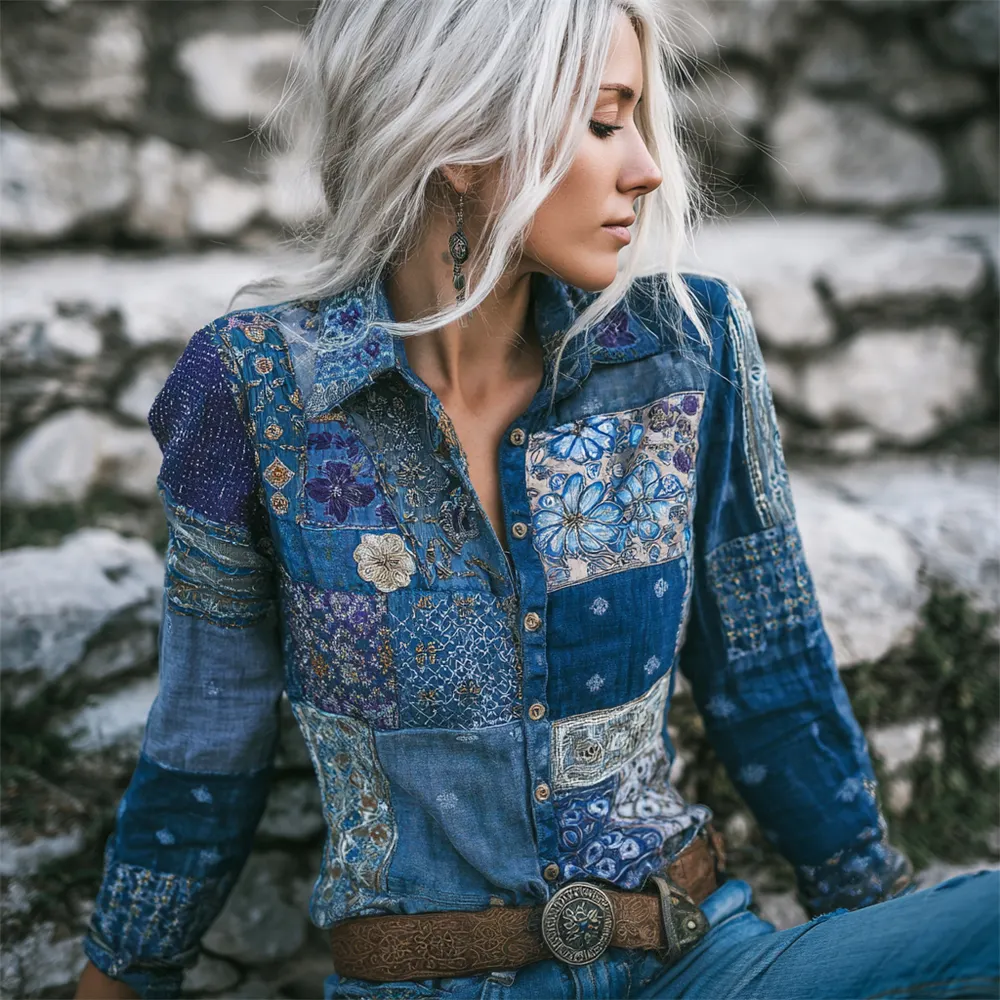 Boho Floral Geometric Thread Patchwork Embroidered Women's Vintage Linen Shirt