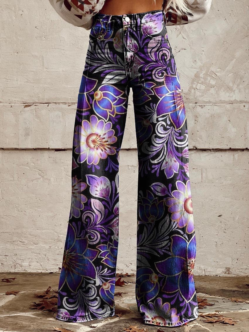 Purple Complex Flowers Print Casual Wide-Leg Pants
