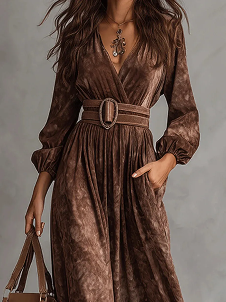 V-Neck Chocolate Color Velvet Maxi Dress
