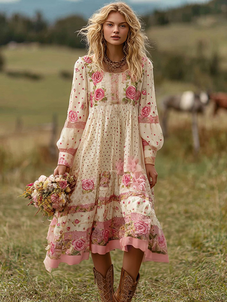 Women's Vintage Pink Rose And Polka Dot Casual Dress