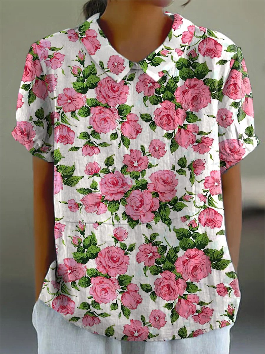 Pink French Rose Pattern Printed Women's Casual Cotton & Linen Shirt