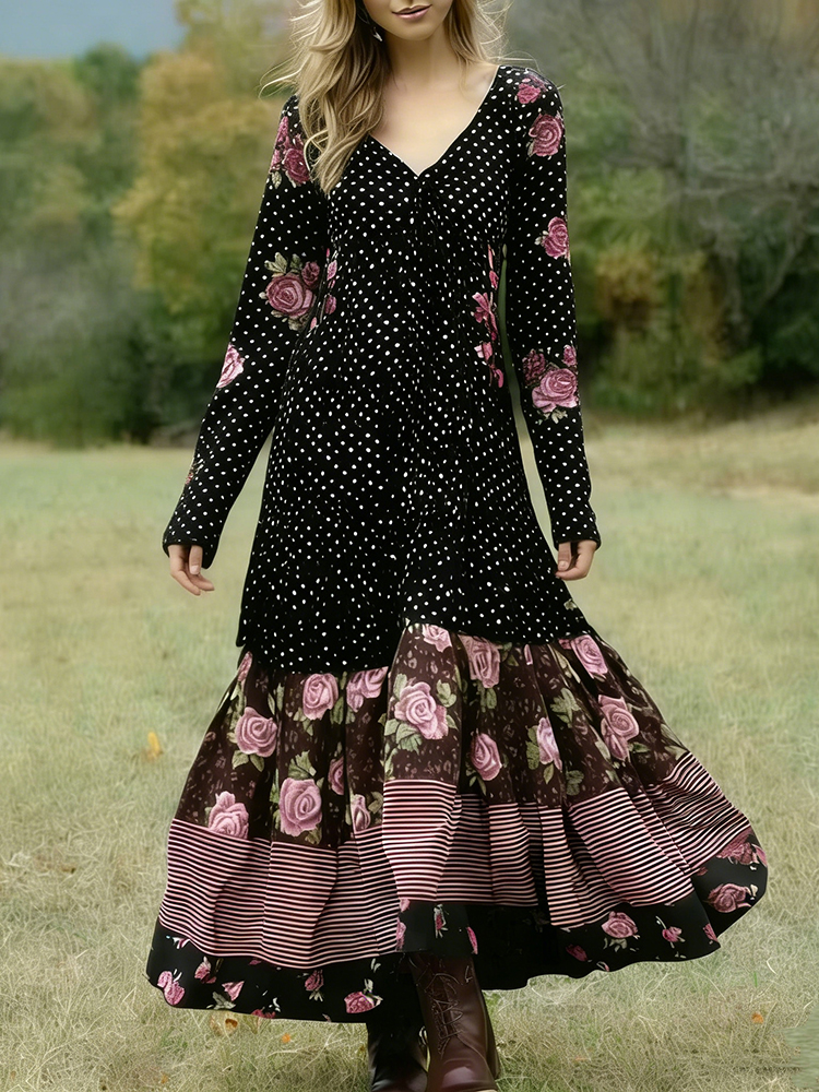 Women's Retro Polka Dot And Rose Floral Pattern Casual V-neck Dress