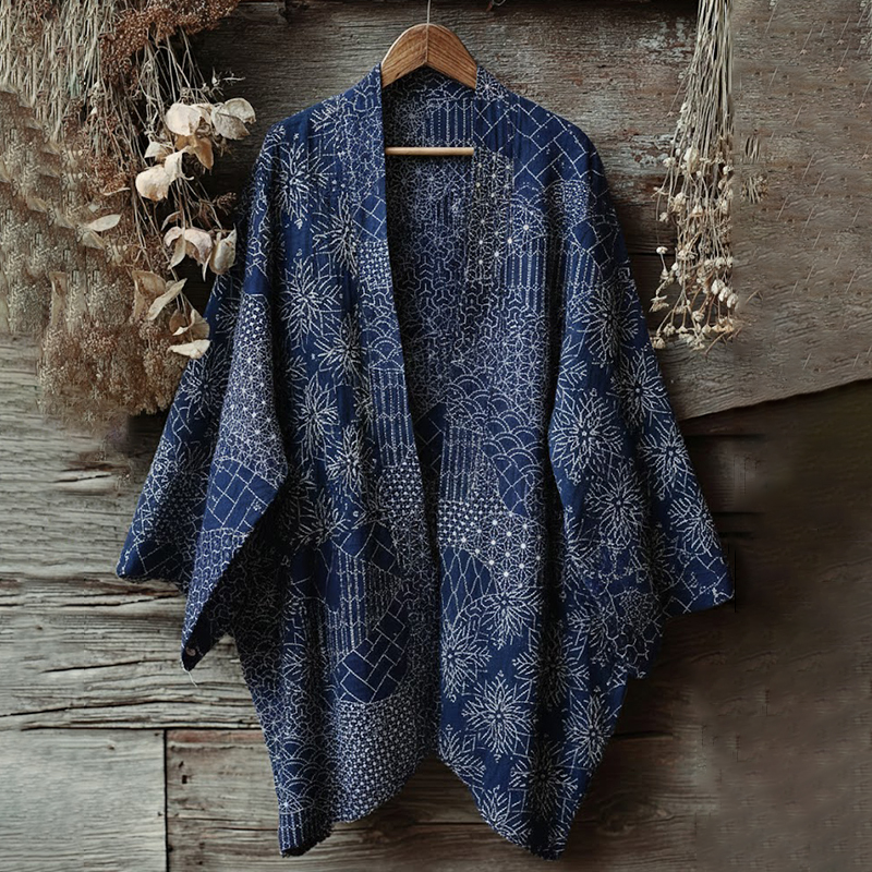 Retro Japanese Traditional Sashiko Art Print Cotton & Linen Blend Kimono Cardigan