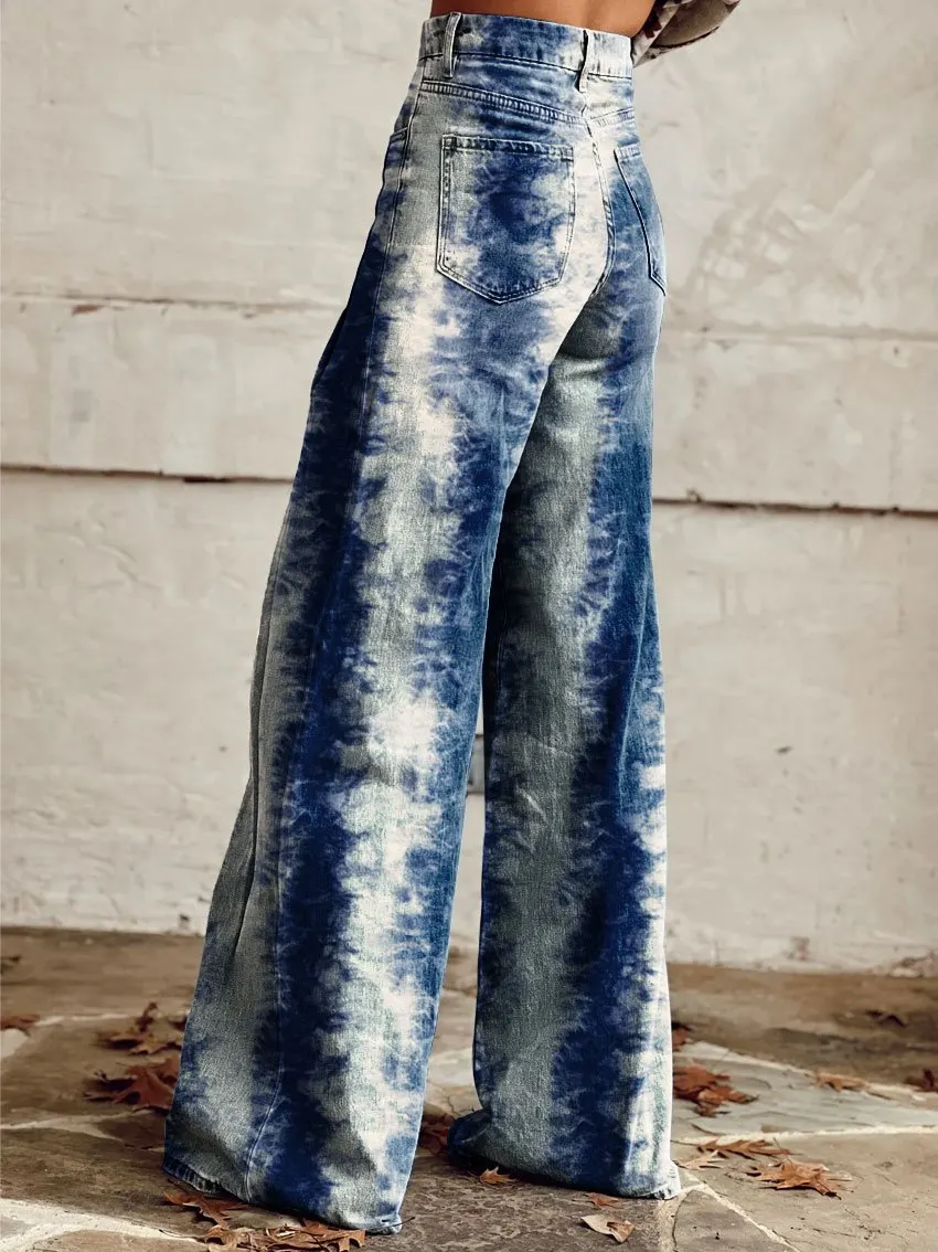 Vintage Print Casual Wide-Leg Pants