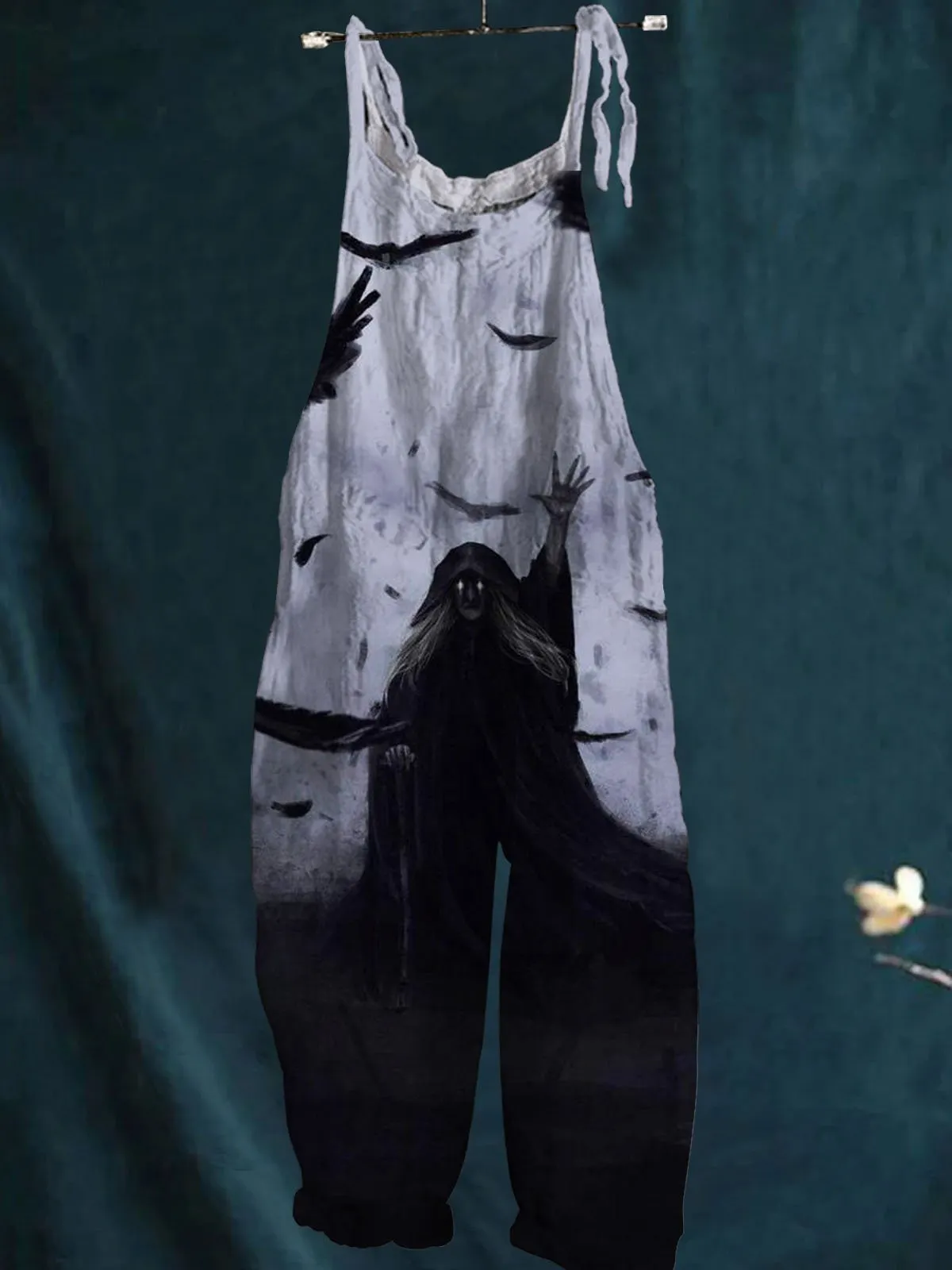 Vintage Halloween Witch Raven Art Print Casual Wide-Leg Jumpsuit