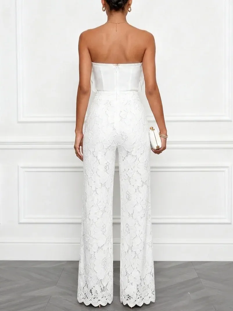 White 3D Floral Lace Strapless Sleeveless Elegant Top With Pants Two-Piece Set