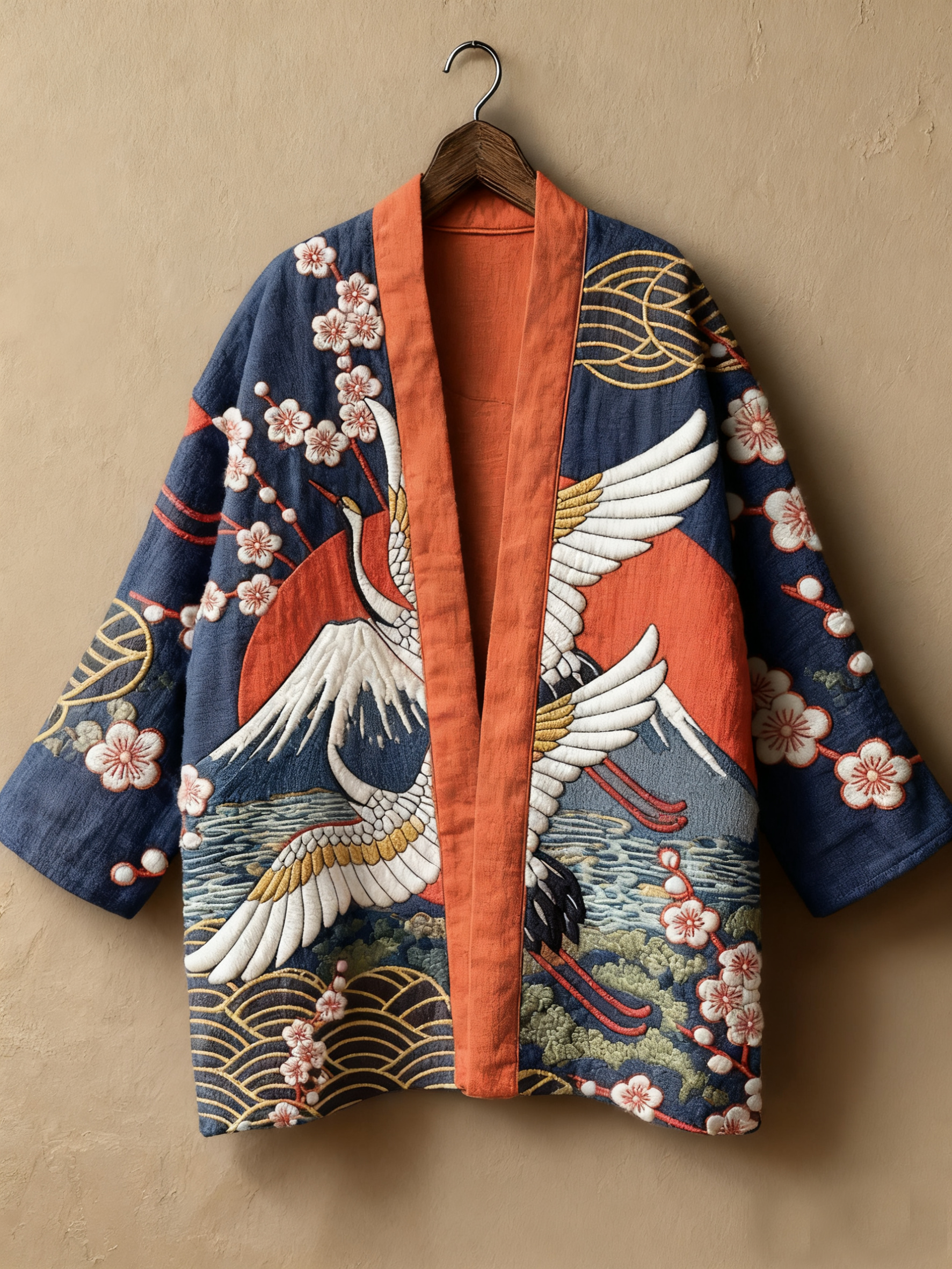 Japanese art ukiyo-e three-dimensional embroidered linen kimono cardigan
