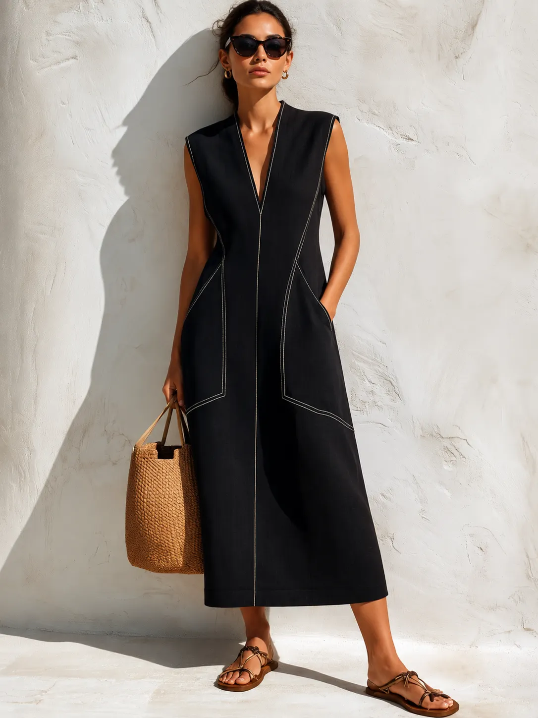 Black -Blend Contrast Stitch Sleeveless Midi Dress