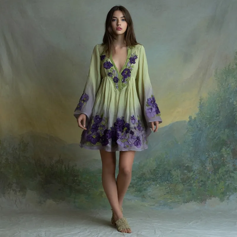 Purple Floral Embroidered Gradient Flowy Linen Mini Dress