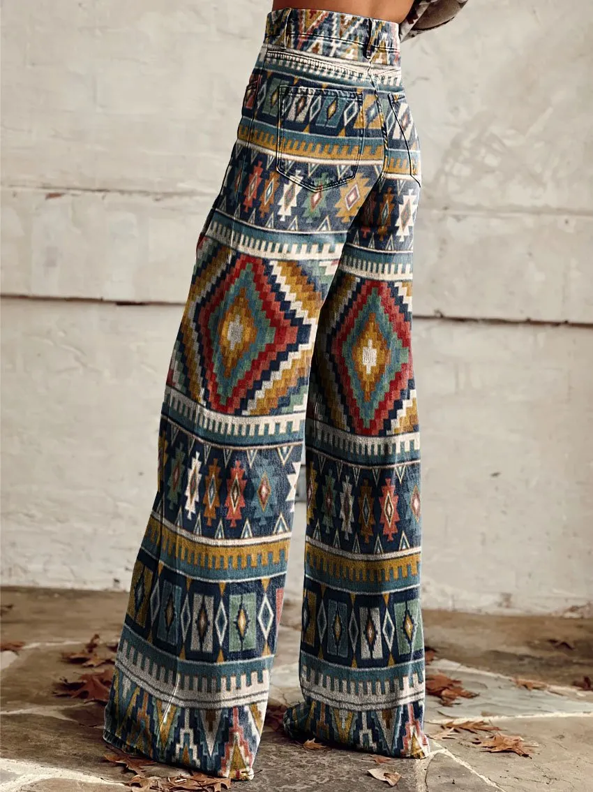 Vintage Geometric Pattern Print Casual Wide-Leg Pants