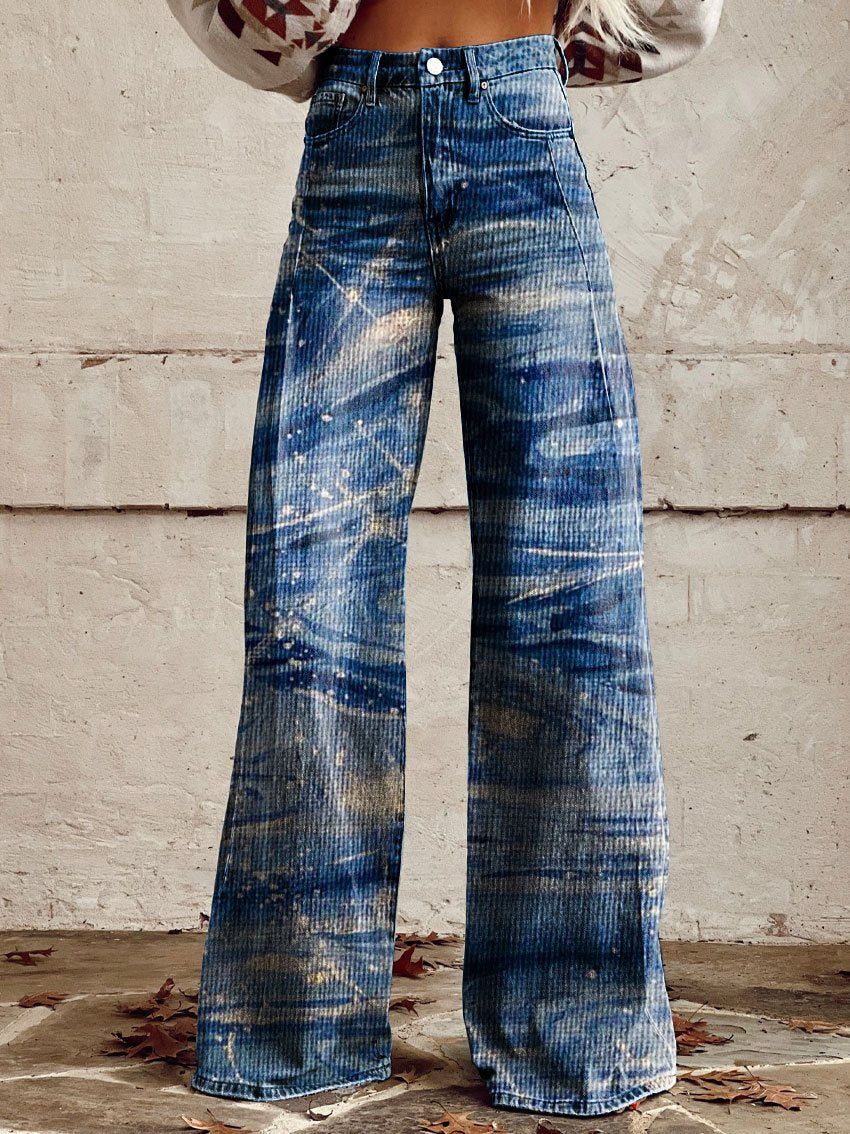 Vintage Print Casual Wide-Leg Pants