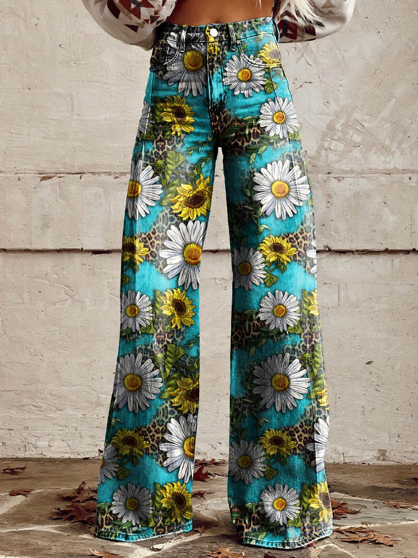 Daisy Leopard Print Casual Wide-Leg Pants