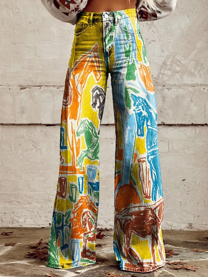 Vintage Horse Print Casual Wide-Leg Pants