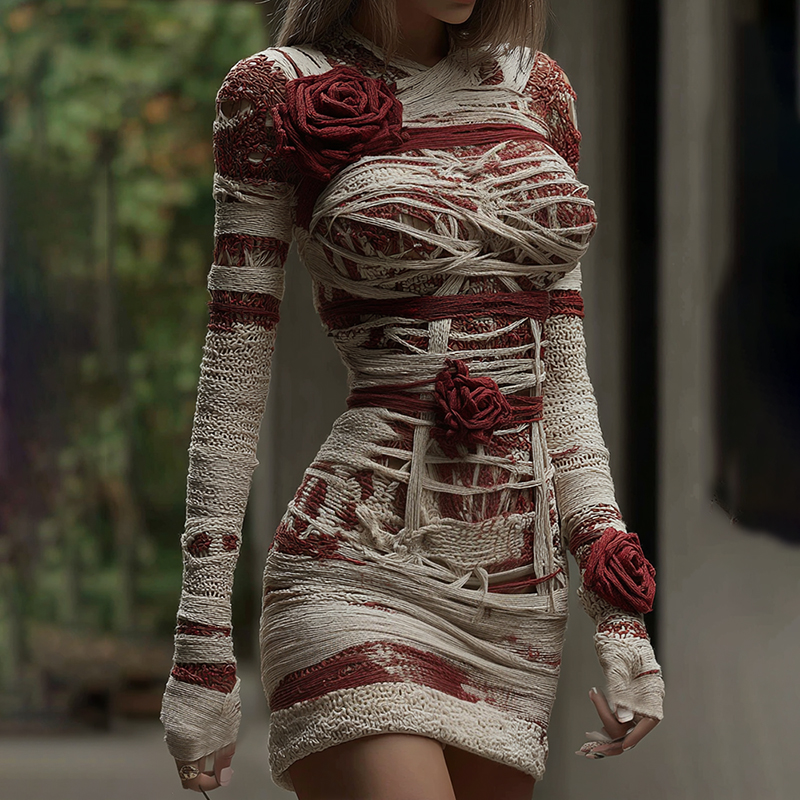 Women's Halloween Muscle Anatomy Bandage With Rose Art Cozy Knit Mini Sweater Dress