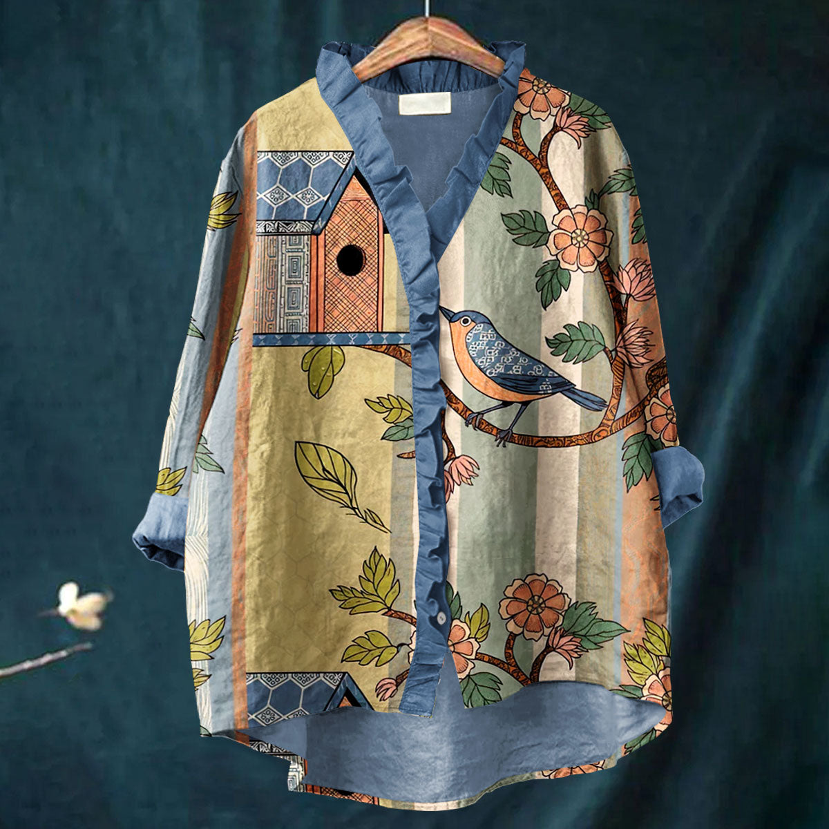 Vintage Bird Floral Art Print Casual Cotton & Linen Ruffle Shirt