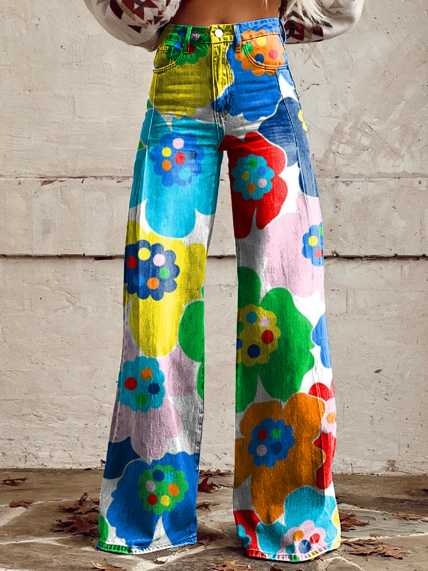 Retro Colorful Floral Art Casual Wide-Leg Pants