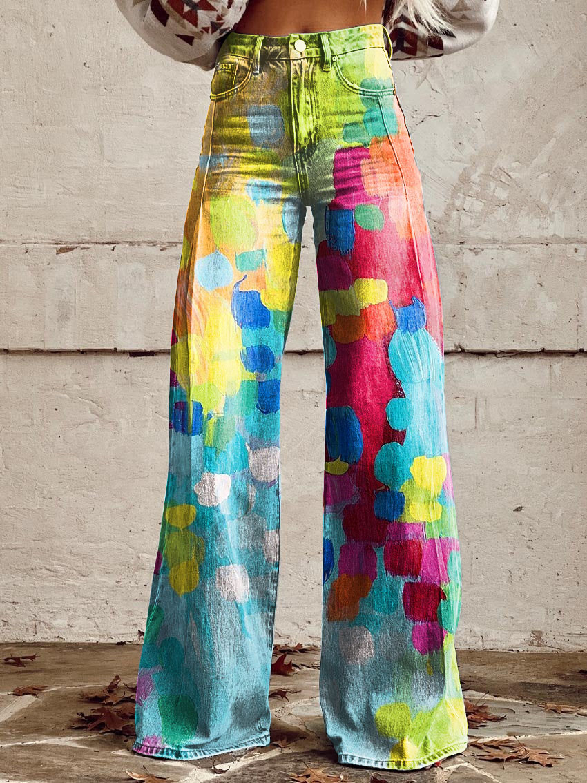 Bright Color Block Print Casual Wide-Leg Pants