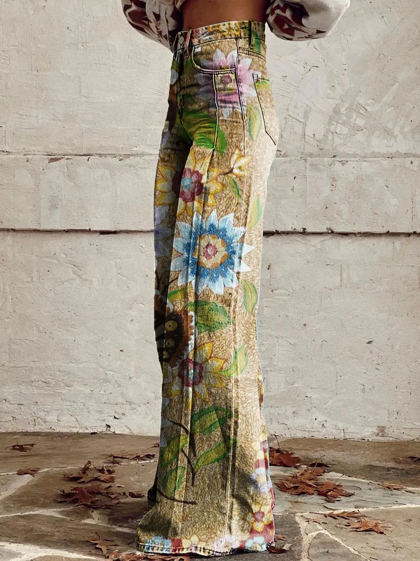 Vintage Butterfly Floral Print Wide-Leg Pants