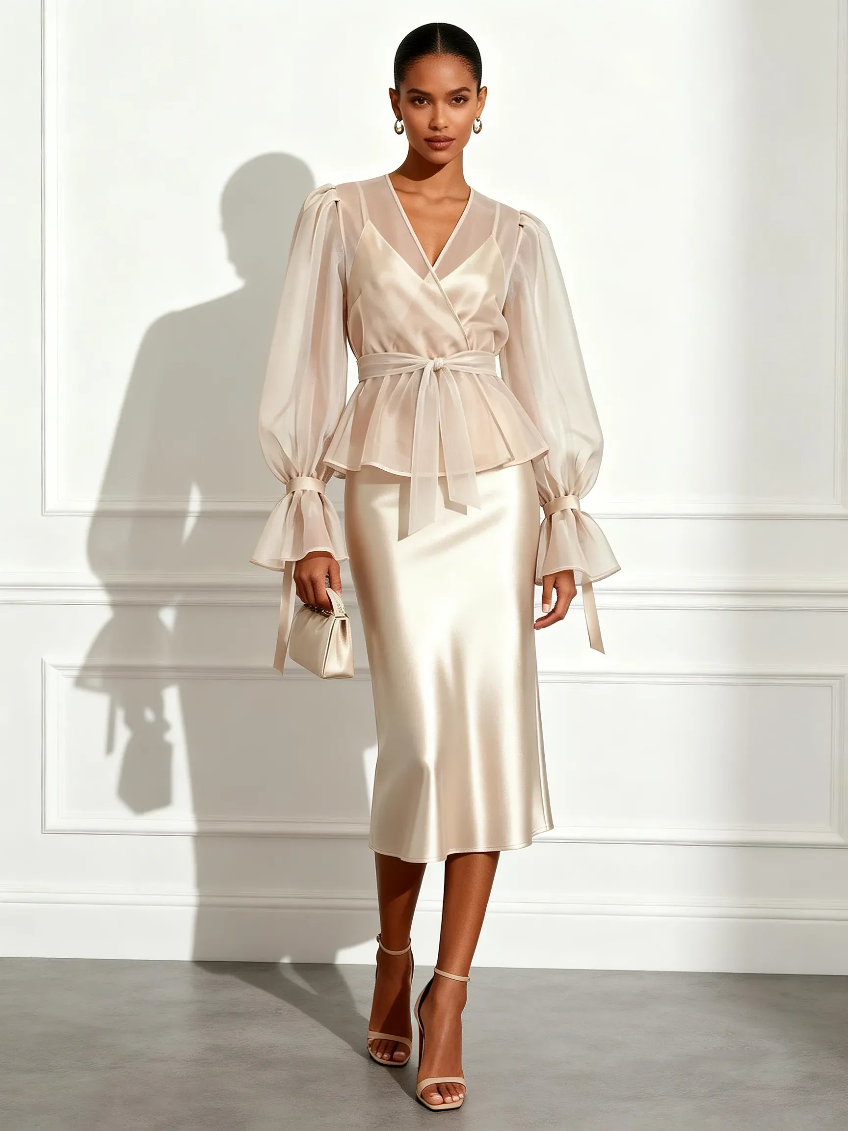 Champagne Satin V-Neck Long-Sleeve Bell Sleeve Sheath Midi Dress