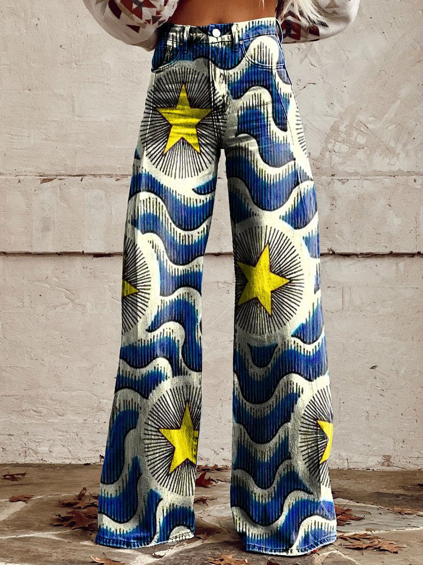 Vintage Print Casual Wide-Leg Pants