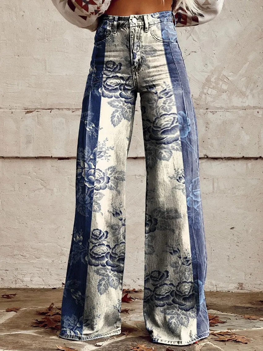 Vintage Print Casual Wide-Leg Pants