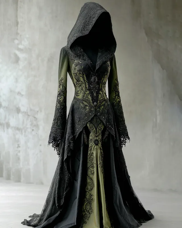 Boho Witch Gradient Bat Embroidered Lace Patchwork Hooded Evening Dress 4392