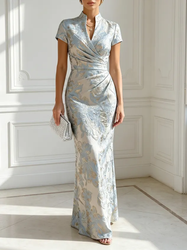 Light Blue Jacquard Classic V-Neck Short-Sleeve Mermaid Floor-length Gown