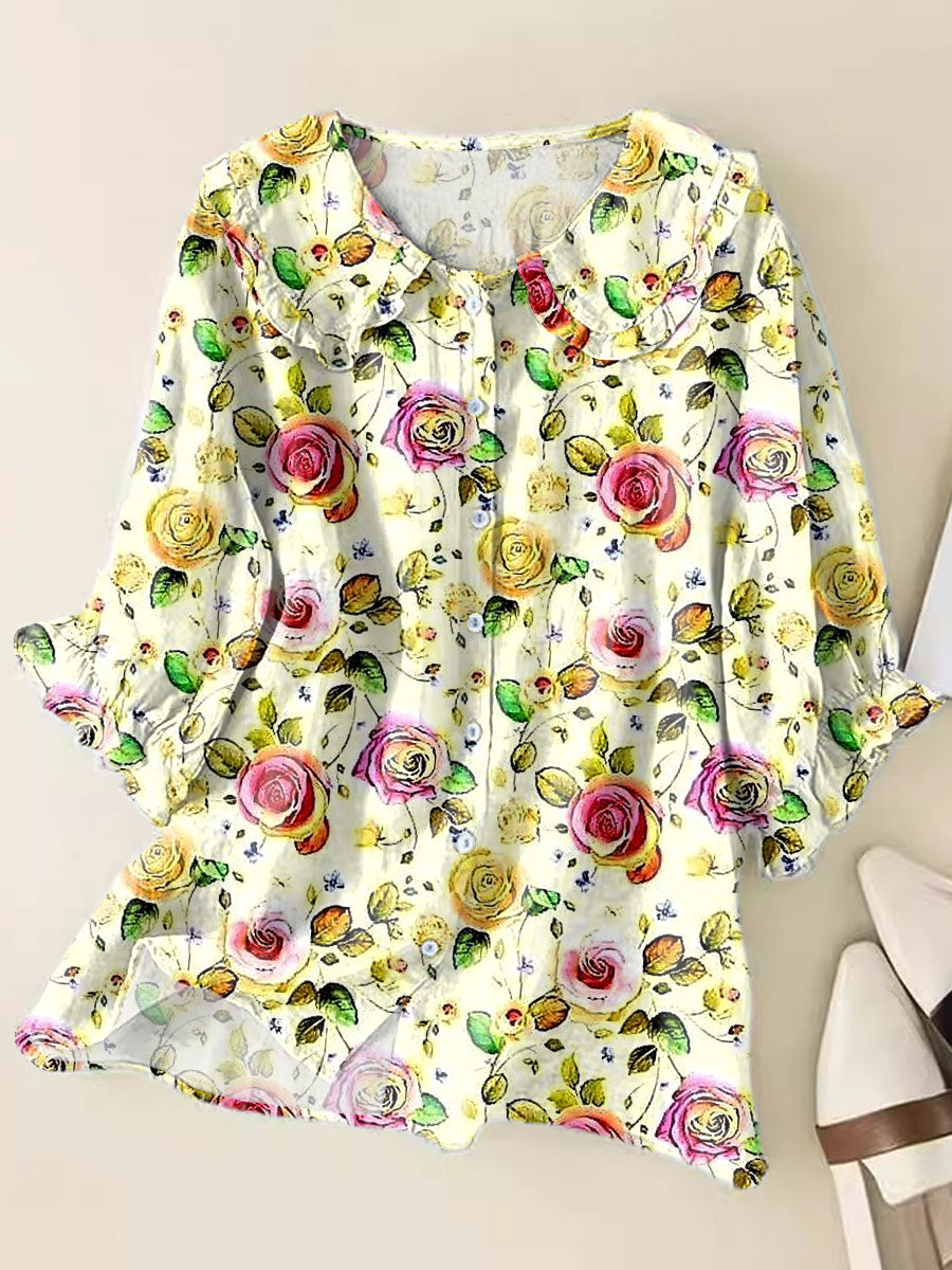 Fresh Floral Art Print Loose Top Peter Pan Collar Half Sleeve Blouses