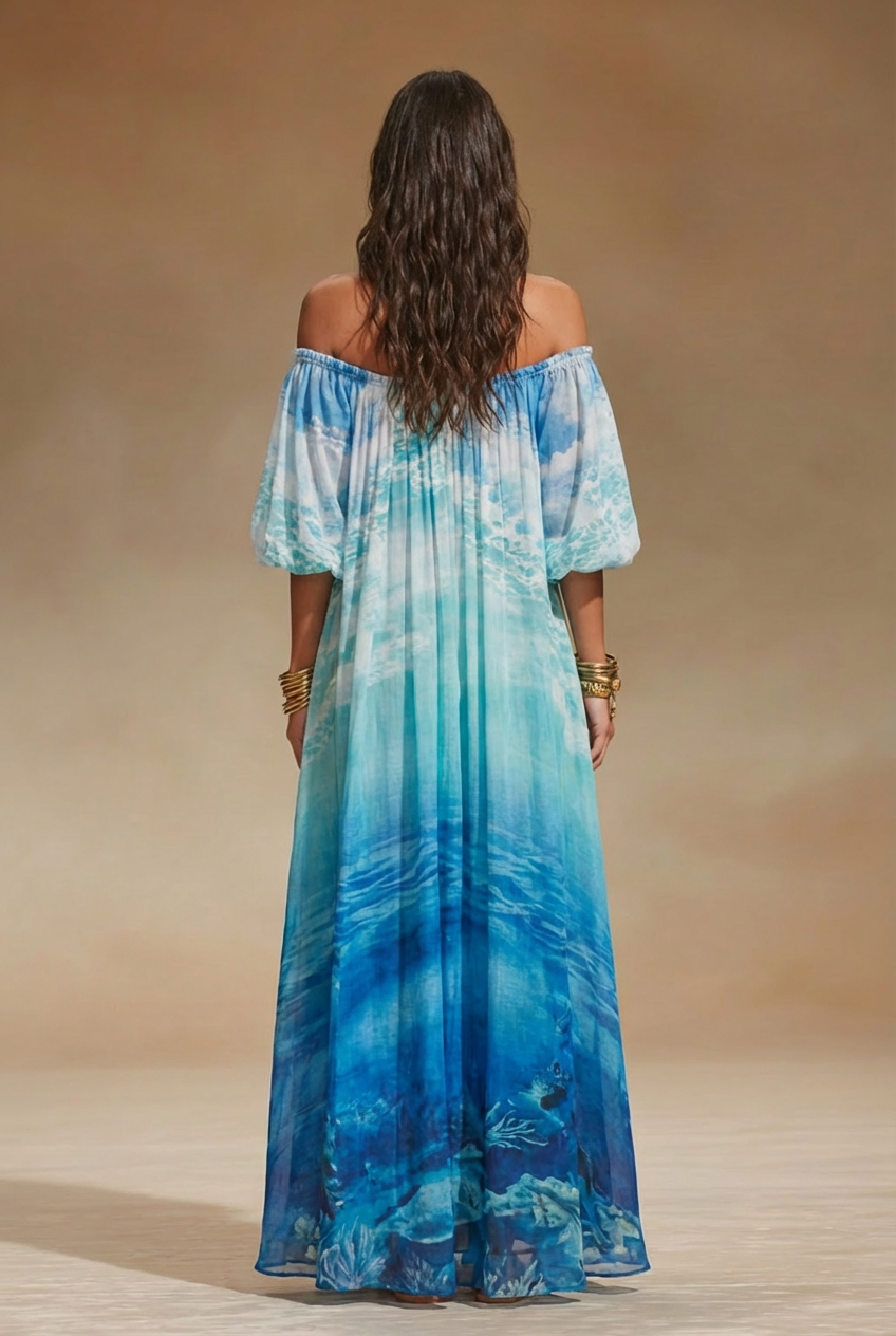 Off-Shoulder Ocean Print Maxi Dress