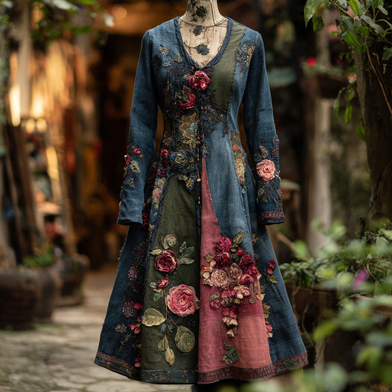 Women's Vintage Rose Floral Print Patchwork Denim Long Dress