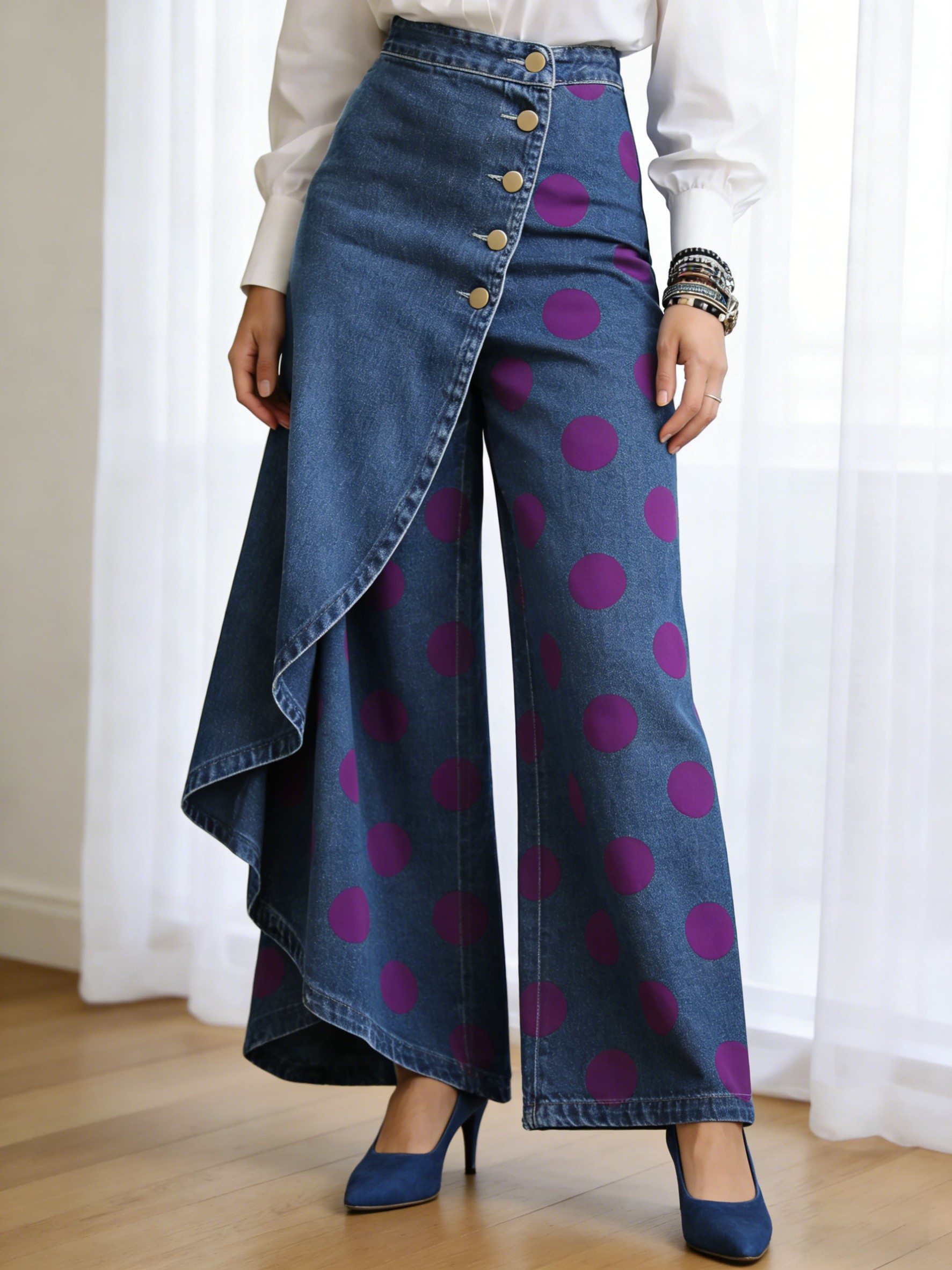 Art Print Casual Washed Denim Cotton Pants