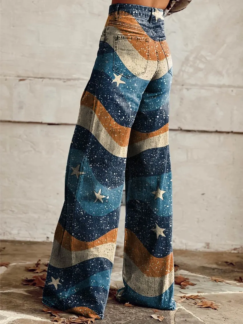 Blue Wavy Stars Print Casual Wide-Leg Pants