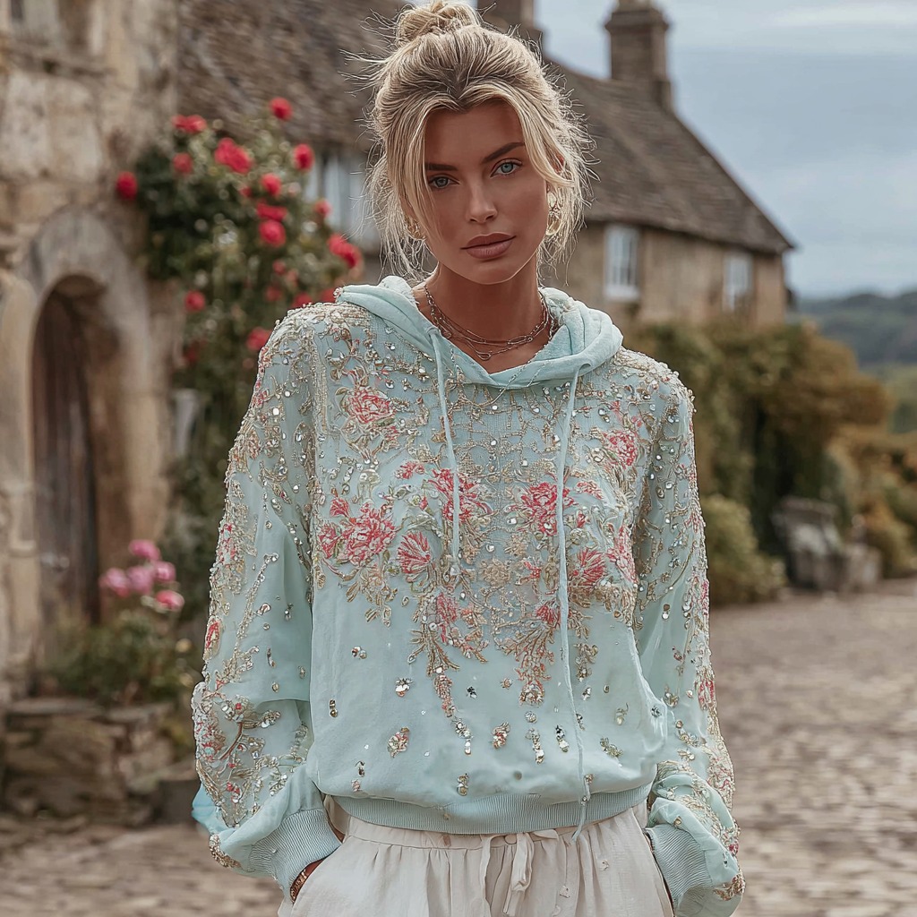 Women's Bohemian Floral Sequin Embroidered Hoodie