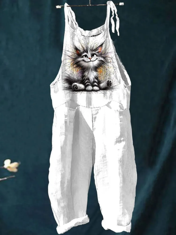 Cat Art Print Colorful Art Casual Wide-Leg Jumpsuit